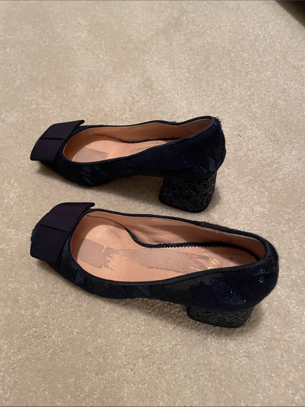 J. Crew Navy Velvet Block Heel Flats with Bow